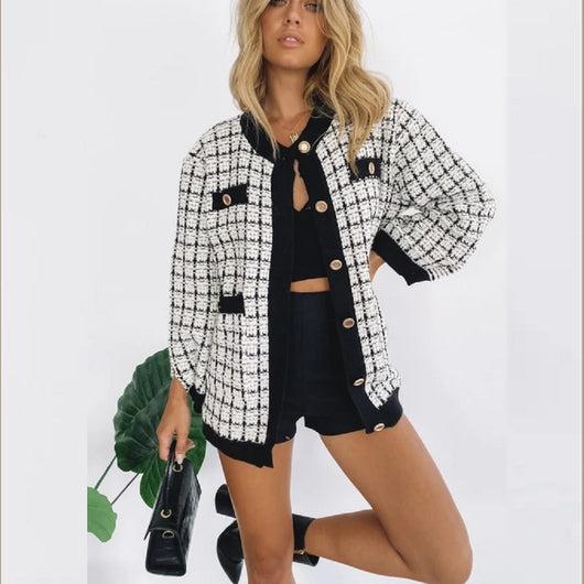 Cardigan Tejido Cuadros Mujer Estilo Elegante Oversize Abrigo Grueso - Image 17