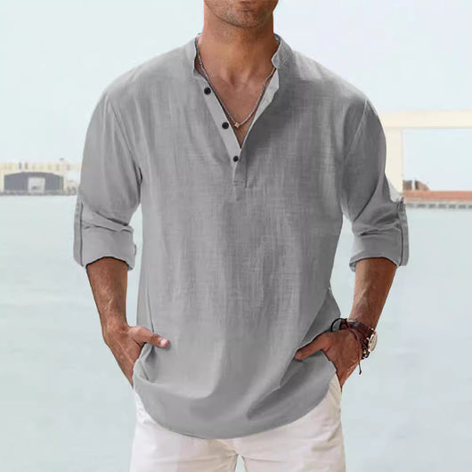 Camisa de Lino Hombre Cuello Mao Manga Larga Suelta - Image 3