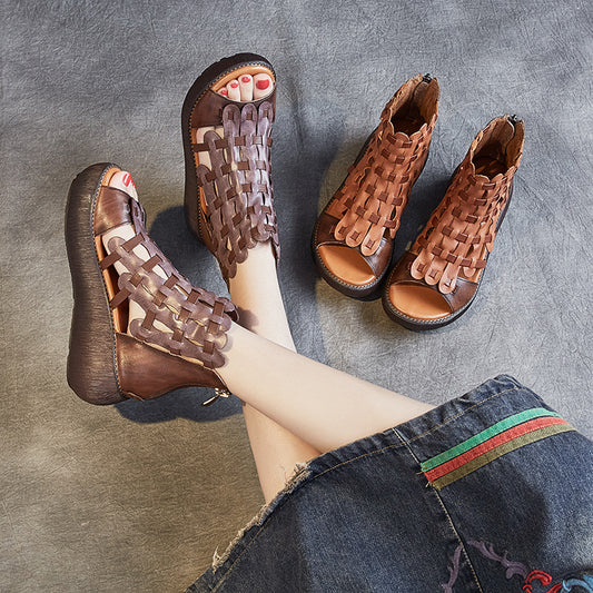 Sandalias Plataforma de Cuero con Tacón Cuña para Mujer