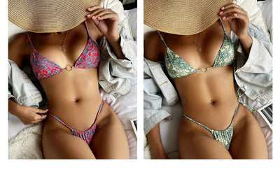 Green and yellow paisley print two-piece bikini swimsuit with a triangle top and tie-side thong bottom. - Image 18