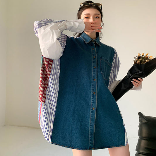 Vestido Camisero Denim con Parches Estilo Coreano Holgado para Mujer
