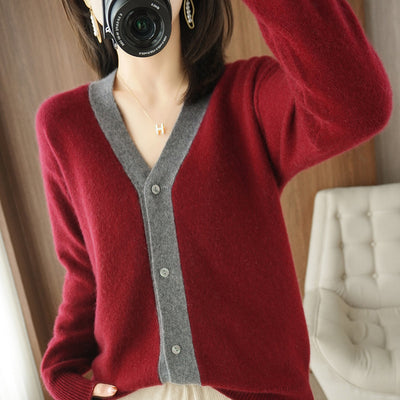 Cardigan de Cuello V en Cashmere con Bloques de Color para Mujer