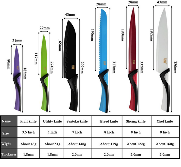 Juego de Cuchillos de Chef de 6 Piezas de Acero Inoxidable con Recubrimiento de Color