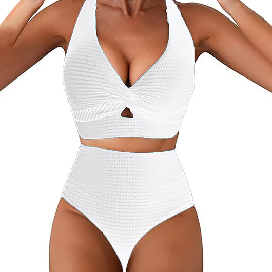 Women's teal ribbed two-piece swimsuit featuring a halter neck top with twisted front and high-waisted bottoms. - Image 24