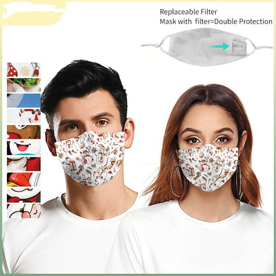 Black dustproof face mask with a digital print of Santa Claus and two reindeer in a snowy forest scene. - Image 21