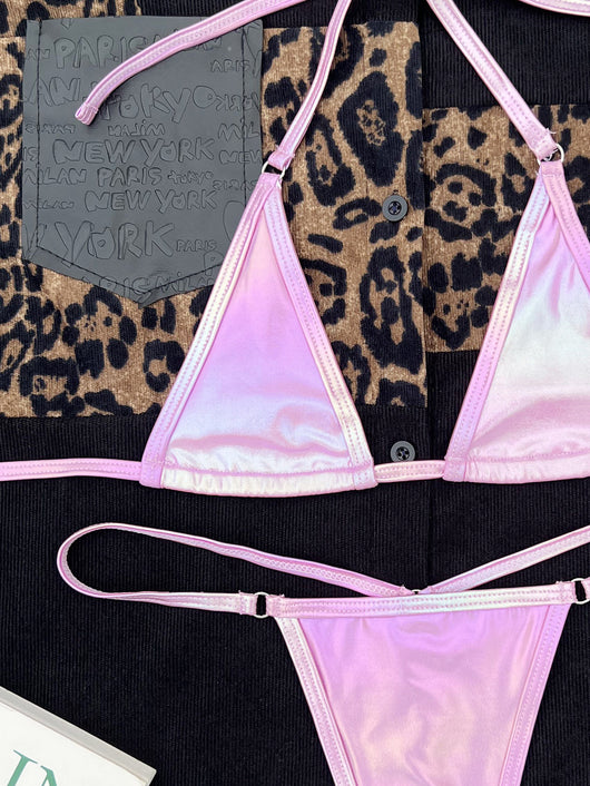 Women's pink and purple pearlescent gradient split bikini swimsuit with triangle halter top and thong bottom. - Image 4