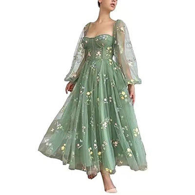 Vestido de Noche Verde con Mangas Puff de Encaje - Largo Elegante para Prom - Image 10