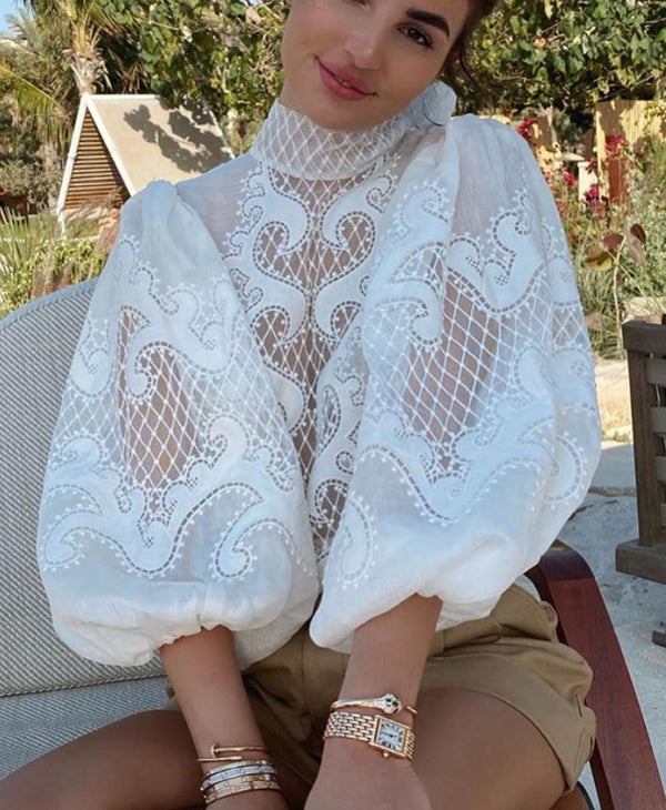 Blusa de Encaje Holgada con Mangas Farol Tipo Splice