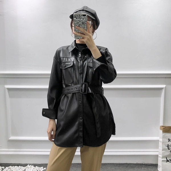 Chaqueta Túnica de Cuero Midi para Mujer