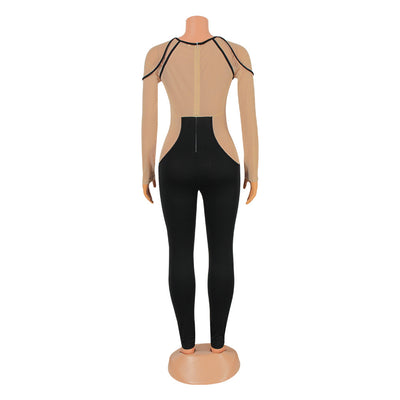 Jumpsuit Transparente con Malla y Combinación de Colores de Manga Larga - Image 6