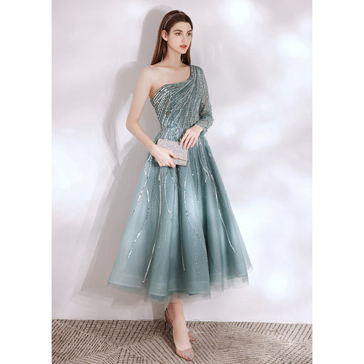 Vestido de Fiesta Turquesa Elegante con Hombro Descubierto y Detalles Brillantes - Image 12
