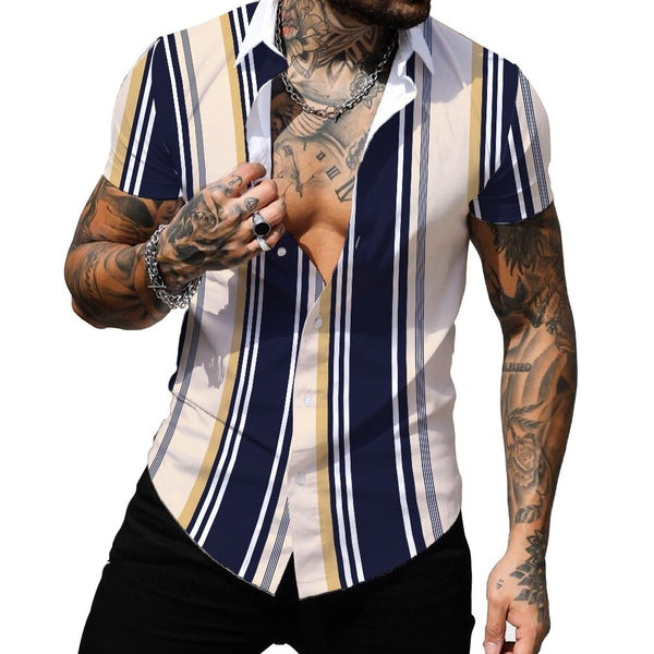 Camisa Hawaiana de Rayas con Estampado Digital y Cuello Solapa