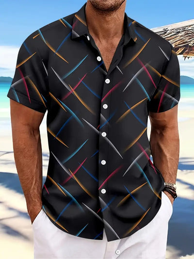 Camisa de Playa Hombre Rayas Plumas - Manga Corta Botones Casual Verano - Image 6