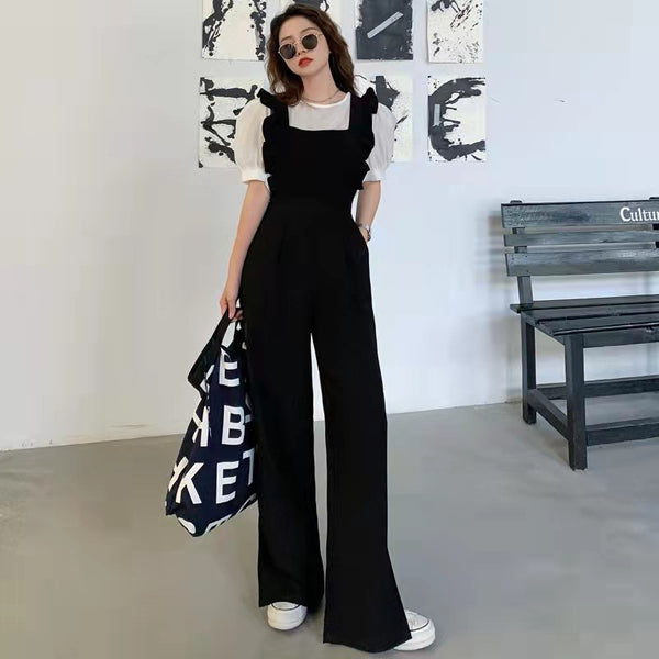 Conjunto de Dos Piezas: Pantalón Ancho con Tirantes y Blusa Entallada