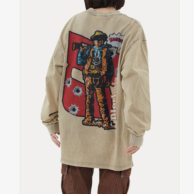 Playera Holgada Estampado Denim Lavado Desgastado Manga Larga - Image 3