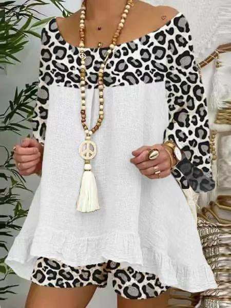 Traje Suelto Talla Grande con Estampado de Leopardo y Costuras Decorativas en Algodón y Lino - Image 8