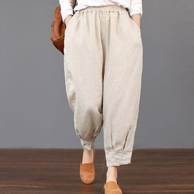 Pantalones Casuales de Algodón y Lino para Mujer - Cintura Elástica Primavera Verano