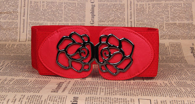 Red elastic women's belt featuring a prominent black alloy rose-shaped double buckle, suitable for various outfits. - Image 2
