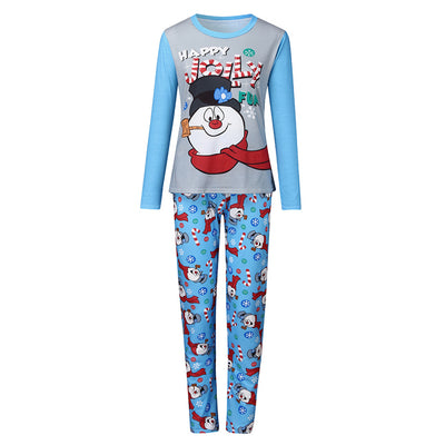 Christmas parent-child long sleeve pajamas with a snowman graphic on grey and blue tops, and patterned pants. - Image 17