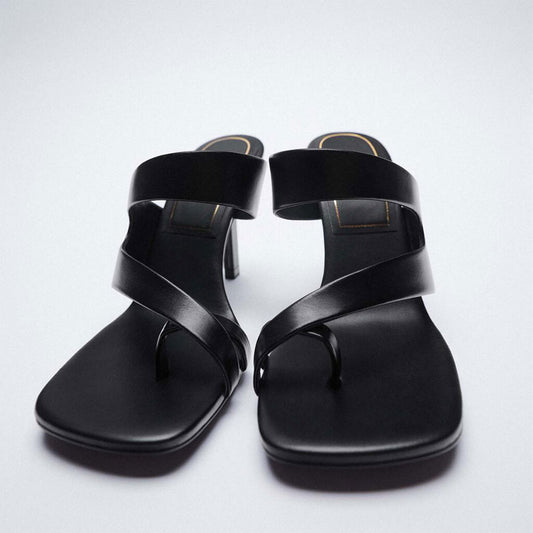Sandalias Tacón Alto Mujer Cuero Oveja Negro Diseño Asimétrico con Cinturón