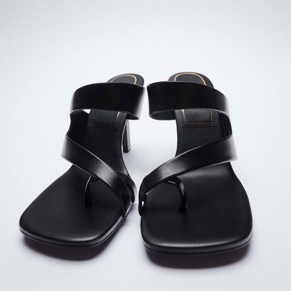 Sandalias Tacón Alto Mujer Cuero Oveja Negro Diseño Asimétrico con Cinturón