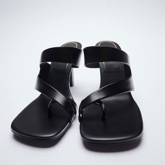 Sandalias Tacón Alto Mujer Cuero Oveja Negro Diseño Asimétrico con Cinturón