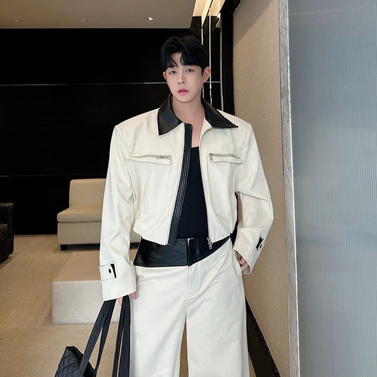 Conjunto Hombre Chamarra de Cuero con Bloques de Color y Pantalón Ancho Casual - Image 3