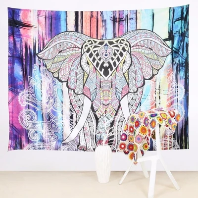 Colorful bohemian tapestry featuring an intricately patterned elephant head with tusks against an abstract striped background. - Image 2