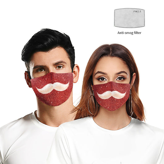Green Christmas dustproof face mask with a festive pattern of red and gold ornaments, candy canes, gingerbread, and "Merry Christmas!" text.