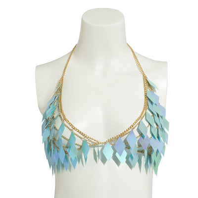 Woman wearing a gold-tone body chain top with iridescent pink and orange diamond-shaped sequins, perfect for beach or festival. - Image 4