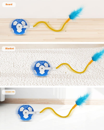 Interactive cat toy with a blue and white soccer ball, a flexible yellow rod with bells, and a blue feather. - Image 12