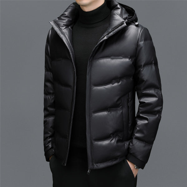 Abrigo de Cuero con Plumón de Pato Blanco para Hombre - Cálido y Elegante
