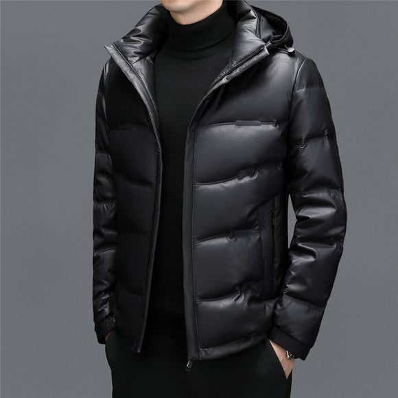 Casaco Masculino de Couro com Penas de Pato Branco - Quente e Elegante