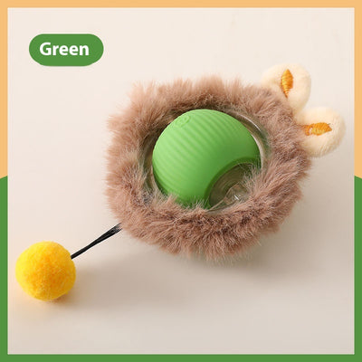 Blue and grey pet toy ball with a green textured tail for cats, shown on a blue background. - Image 16