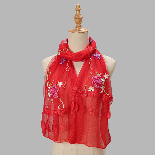 Pañuelo Floral Doble Capa con Bordado y Flecos para Mujer - Image 11
