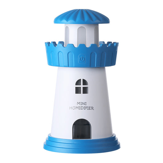 Blue and white lighthouse-shaped mini humidifier with a power button, decorative windows, and a door. - Image 4