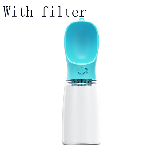 White portable pet water bottle with a clear reservoir and built-in drinking bowl, shown in a bag. - Image 11