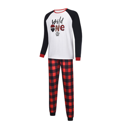 White long-sleeve pajama top with "wild one" graphic and red and black plaid pants. - Image 3