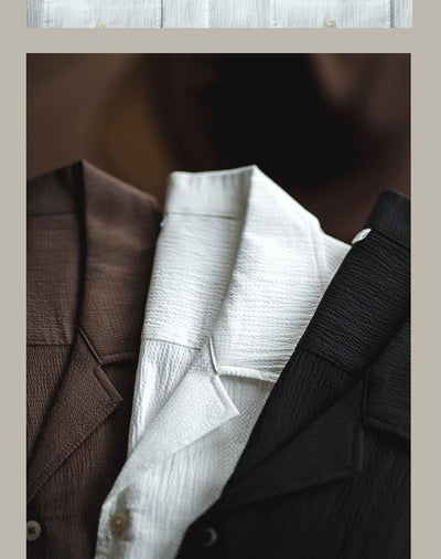 Camisa Retro Seersucker de Color Sólido con Cuello Cubano Británico - Image 13