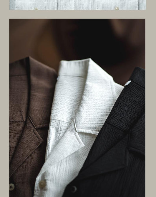 Camisa Retro Seersucker de Color Sólido con Cuello Cubano Británico - Image 13