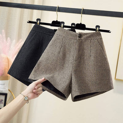 Shorts de Lana Cuadros Cintura Alta Pierna Ancha para Otoño e Invierno - Image 5