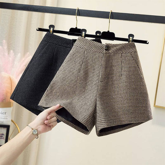 Shorts de Lana Cuadros Cintura Alta Pierna Ancha para Otoño e Invierno - Image 5