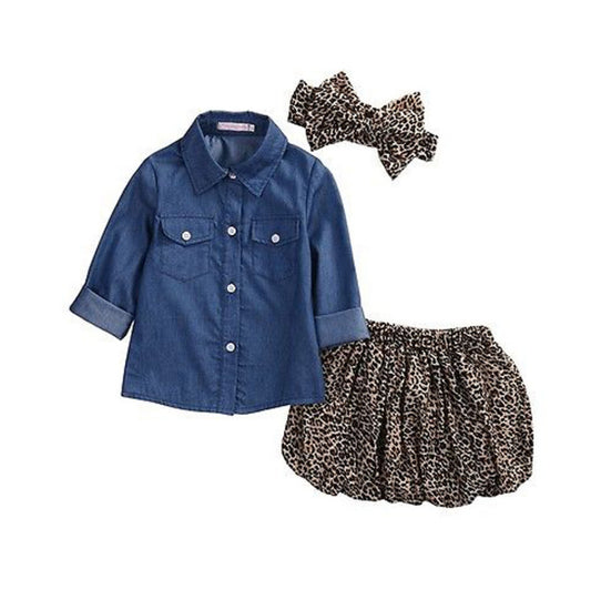 Conjunto de 3 Piezas Infantil Otoño: Blusa Denim, Falda Leopardo y Diadema