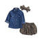 Conjunto de 3 Piezas Infantil Otoño: Blusa Denim, Falda Leopardo y Diadema