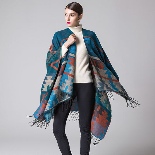 Chal Étnico Geométrico de Cachemira Gruesa con Diseño Tribal