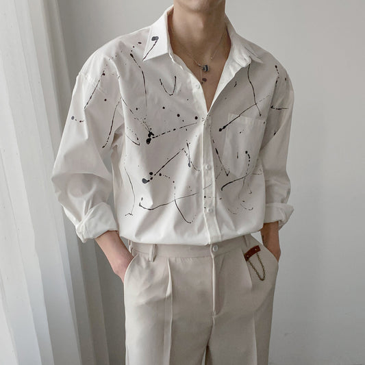Camisa Coreana de Algodón Ligero con Estampado Artístico