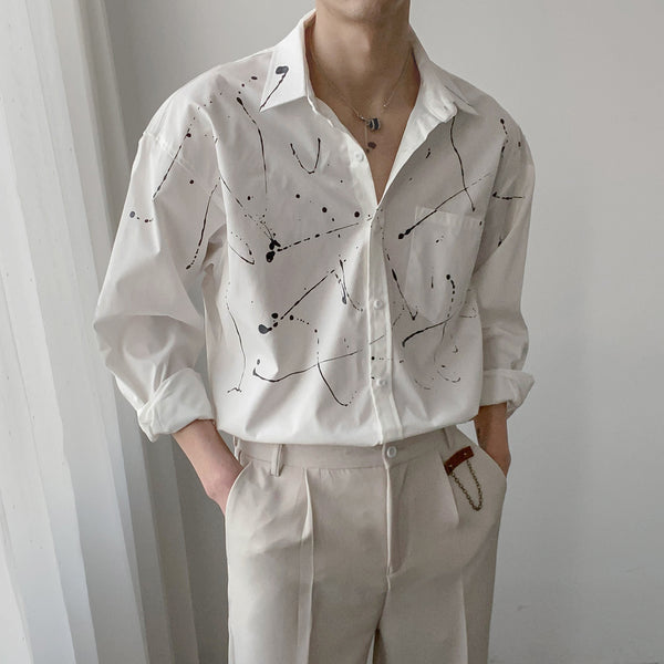 Camisa Coreana de Algodón Ligero con Estampado Artístico