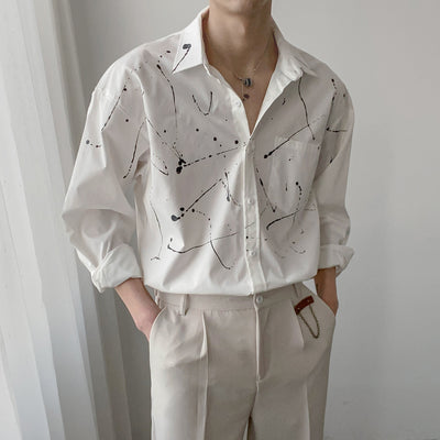 Camisa Coreana de Algodón Ligero con Estampado Artístico