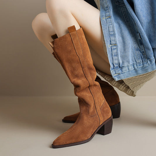 Botas Largas Retro Artesanales de Color Sólido para Otoño-Invierno