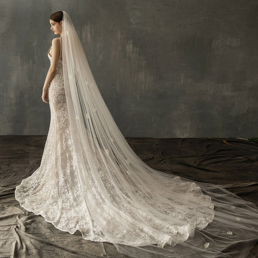 Vestido de Novia con Cola Larga en Tul y Perlas para Ceremonia Religiosa